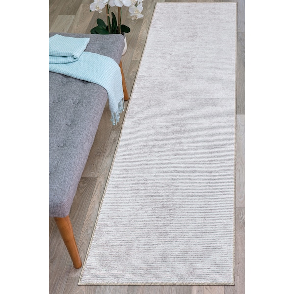 World Rug Gallery Contemporary Distressed Stripe Machine Washable Ivory Runner Rug 2'6''x7' 5078IVORY2X7 - main